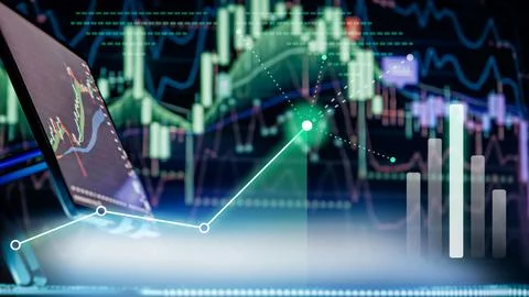 Fintech Analytics Dashboard with Trading Tablet and Growth Data Visualization Stock Photos