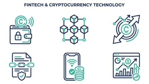 Fintech and cryptocurrency technology icon set with cryptocurrency, blockchai Stock Illustration