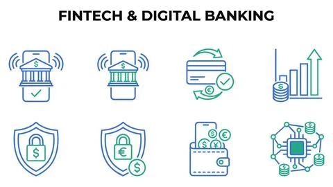 Fintech and digital banking financial services icons with security, technolog Stock Illustration