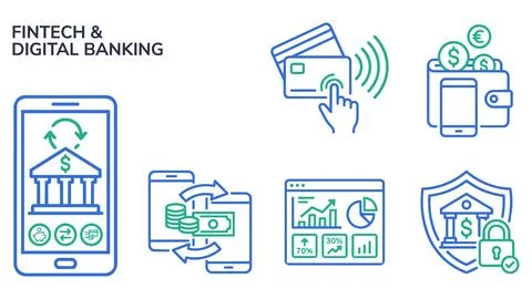 Fintech and digital banking financial icons with transaction, technology Stock Illustration