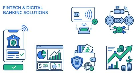 Fintech and digital banking solutions financial icons with security, investme Stock Illustration