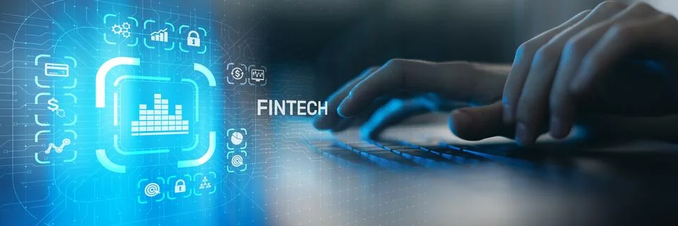 FinTech and Digital Banking Solutions Illustrated on Virtual Interface Stock Photos
