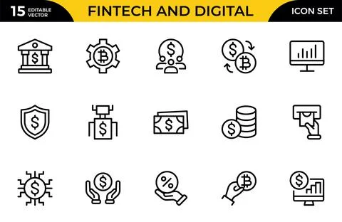Fintech and Digital line Icon set. Digital banking, mobile payments, cloud .. Stock Illustration