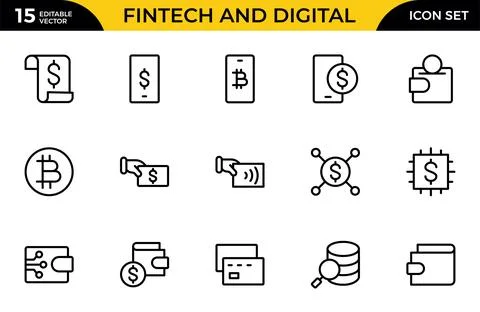 Fintech and Digital line Icon set. Digital banking, mobile payments, cloud .. Stock Illustration