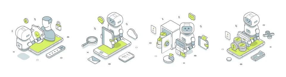 Fintech automation isometric vector illustration. Robot provides security, in Stock Illustration