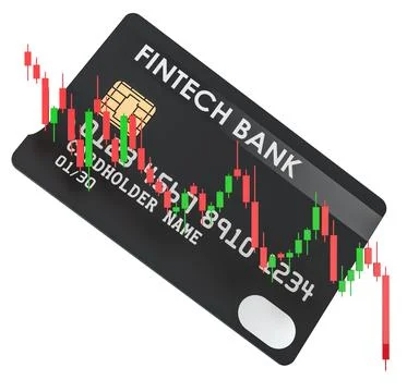 Fintech bank card with falling candlestick chart. 3D rendering Stock Illustration