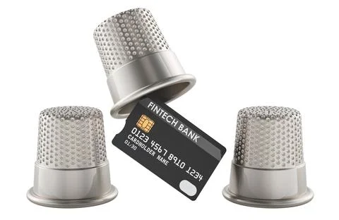 Fintech bank card hidden under thimbles, fraud concept. 3d rendering Stock Illustration