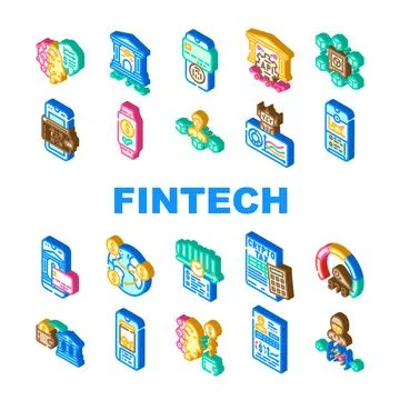 Fintech blockchain cryptocurrency icons set vector 库存插图