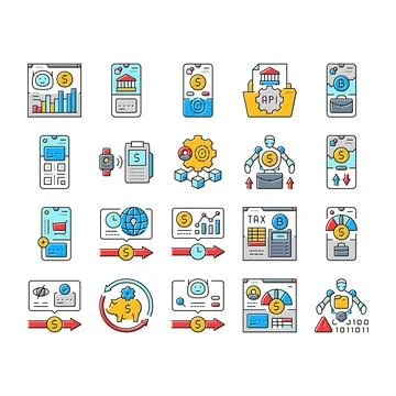 Fintech blockchain payments icons set vector Illustrazione stock