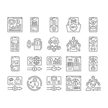 Fintech blockchain payments icons set vector Illustrazione stock