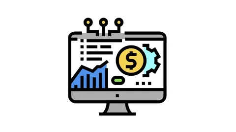 Fintech chart researching on computer display color icon animation Stock Footage 224019747