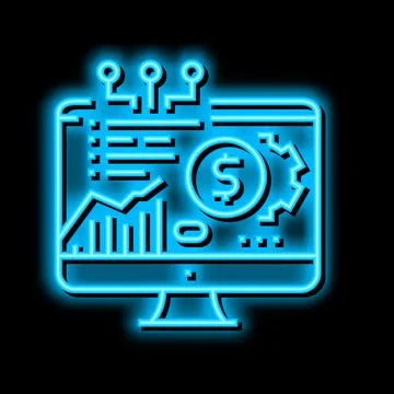 Fintech chart researching on computer display neon glow icon illustration Illustrazione stock