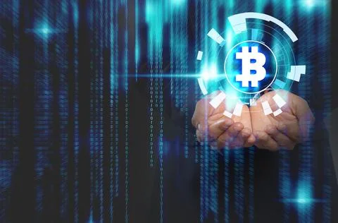 Fintech concept. Binary code and man demonstrating scheme with bitcoin symbol 스톡 사진