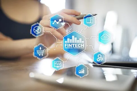 Fintech - digital financial technology. Blockchain and cryptocurrency. 스톡 사진