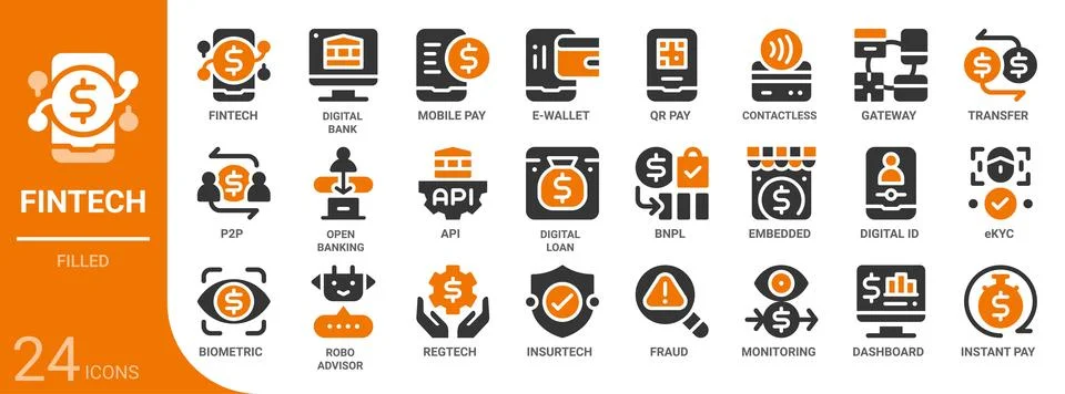 Fintech filled glyph icon set,24 vector icons Stock Illustration