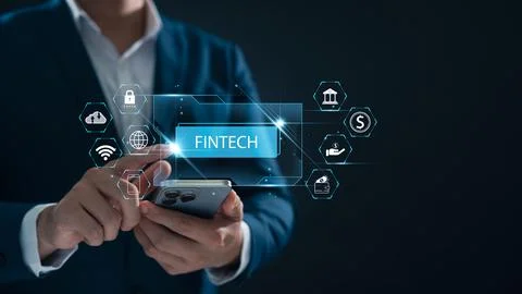FinTech Financial Technology and Digital Banking, Businessman holding the w.. Stock Photos