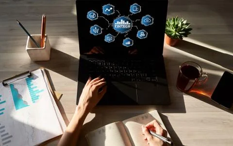 FINTECH - financial technology. Blockchain and cryptocurrency. Online payment Фото