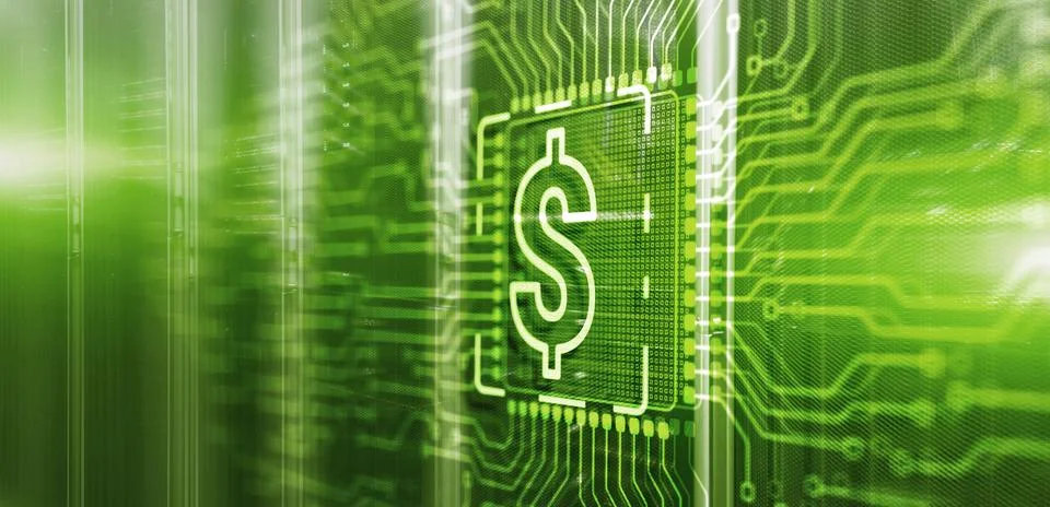 Fintech financial technology concept on 3d Electronic Circuit Board Chip 스톡 일러스트