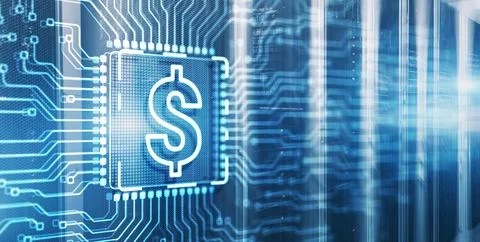 Fintech financial technology concept on 3d Electronic Circuit Board Chip Stock Illustration