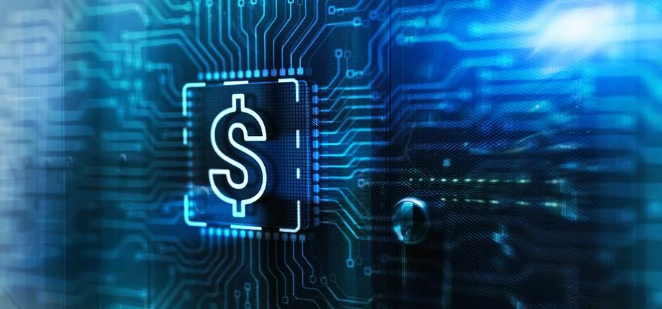 Fintech financial technology concept on 3d Electronic Circuit Board Chip 스톡 일러스트