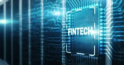Fintech financial technology concept on 3d Electronic Circuit Board Chip 스톡 사진