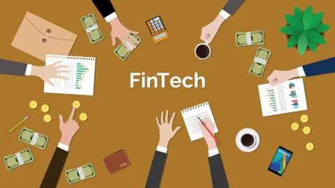 Fintech financial technology concept discussion illustration with meeting Stock Illustration