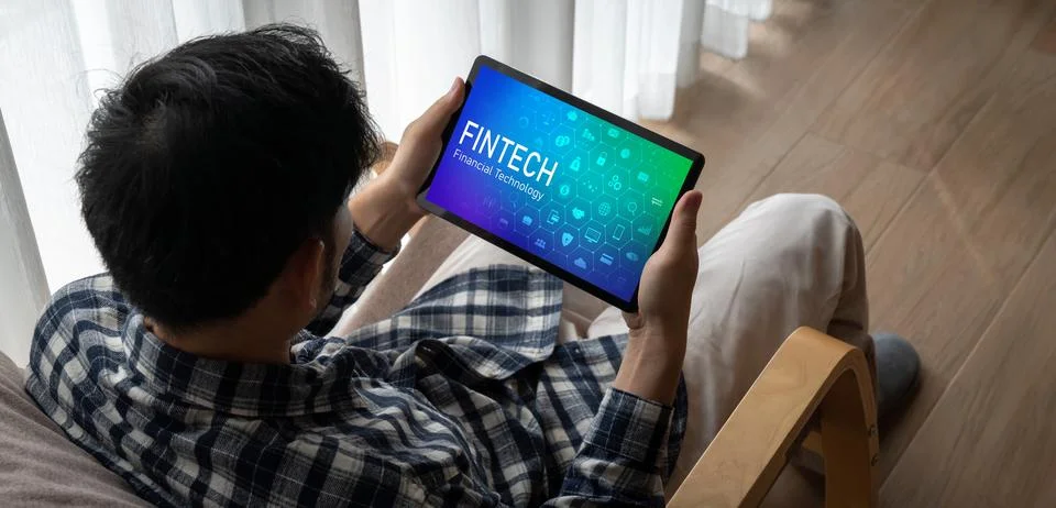 Fintech financial technology software for modish business Stock Photos