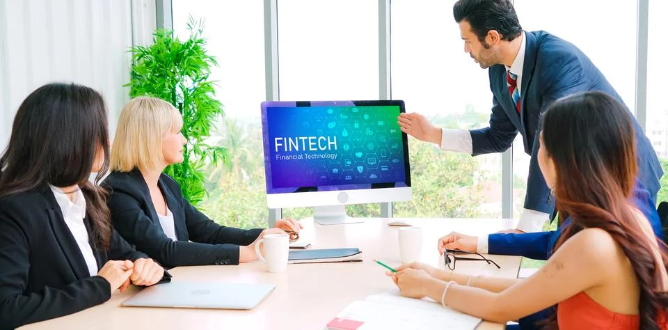 Fintech financial technology software for modish business Stock Photos