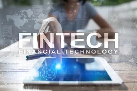 Fintech. Financial technology text on virtual screen. Business, internet and Stock Photos