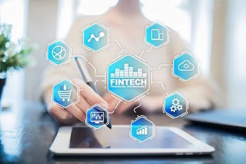 Fintech. Financial technology text on virtual screen. Business, internet and Fotos Stock