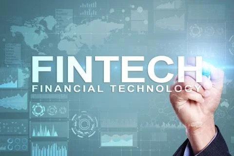 Fintech. Financial technology text on virtual screen. Business, internet and Stock Photos
