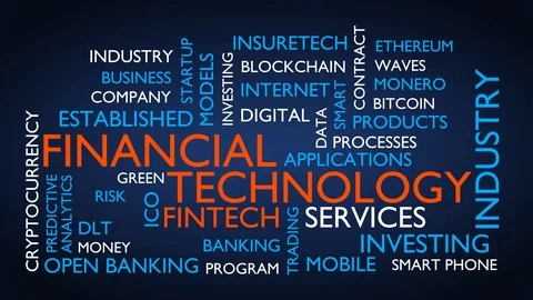 Fintech, financial technology word tag cloud. 3D rendering, loop able Stock Footage 92197773