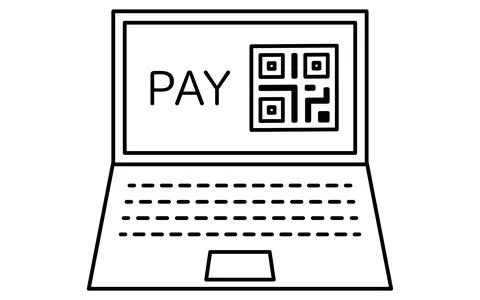 Fintech icon of laptop with barcode for online payment, digital finance and.. Illustrazione stock
