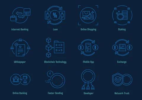 Fintech icon set with blockchain technology Stock Illustration