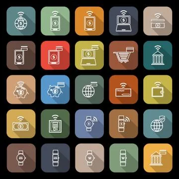 Fintech line flat icons with long shadow Stock Illustration