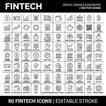 Fintech line icon set with digital finance and payment symbols, black and w.. Stock Illustration