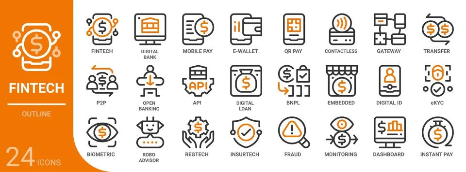 Fintech outline icon set,24 vector icons Stock Illustration
