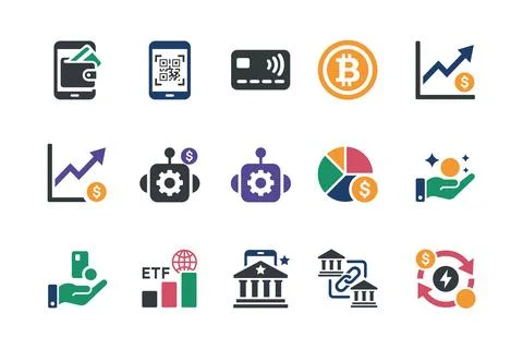 Fintech Payment Icons Set Mobile Banking Digital Wallet Cryptocurrency Tradin Stock Illustration