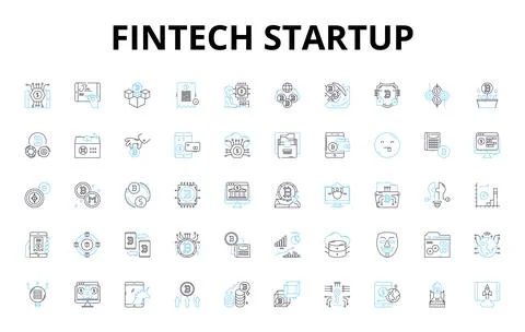Fintech startup linear icons set. Disruption, Innovation, Blockchain Stock Illustration