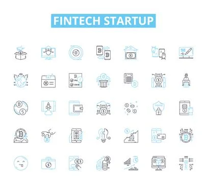 Fintech startup linear icons set. Disruption, Innovation, Blockchain Stock Illustration