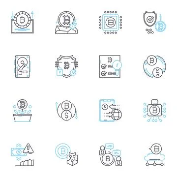 Fintech startups linear icons set. Digital, Innovation, Disruption, Blockchain Stock Illustration