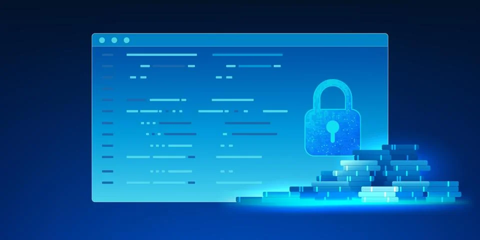 Fintech technology, digital screen with lock and coin, conveys the safety o.. Иллюстрация