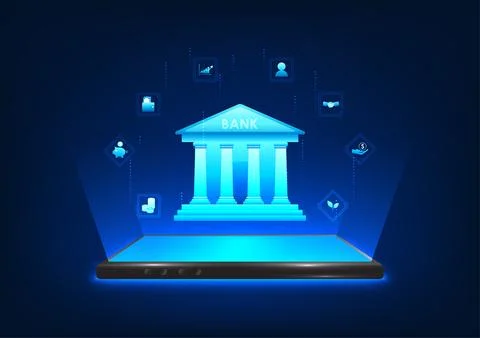 Fintech technology shows a smartphone projecting a holographic image of the.. 스톡 일러스트