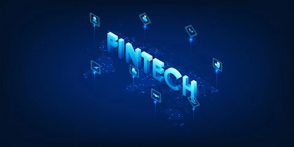 Fintech technology on a world map with connections to financial icons, repr.. Stock Illustration