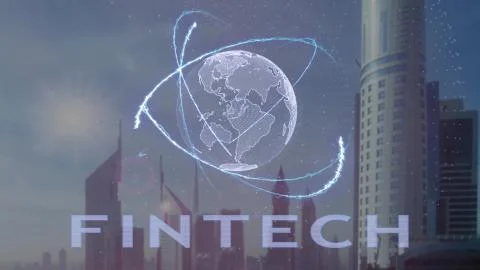 Fintech text with 3d hologram of the planet Earth against the backdrop of the Stock Photos