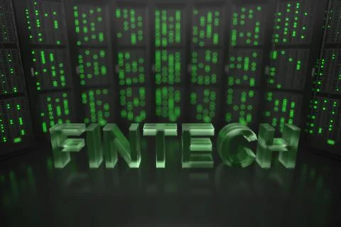 FINTECH text on server room background. Conceptual 3D rendering Stock Illustration