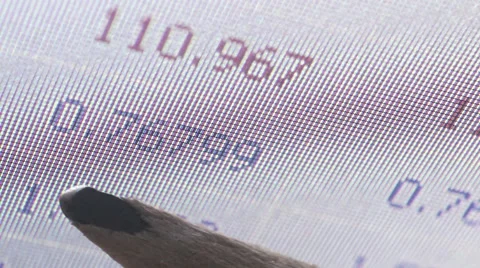 FINTECH - Ultra macro pixel view of currency figures onscreen with pencil tip Video stock 63422682