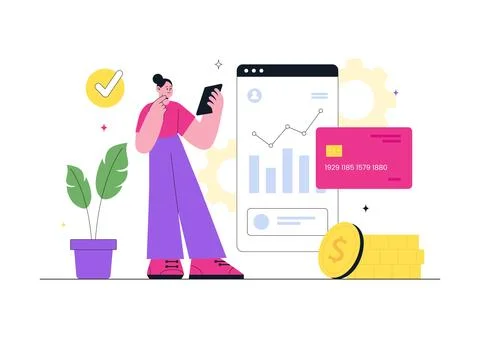 Fintech Vector Illustration Featuring Digital Banking, Mobile Finance Manag.. Stock Illustration