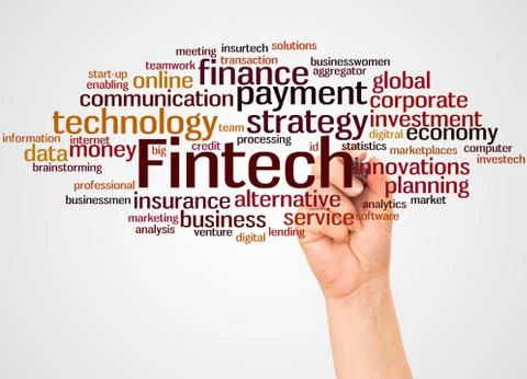 Fintech word cloud and hand with marker concept Illustrazione stock