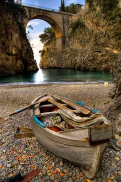 Fiord of Furore, Amalfi coast, Italy  boat in beach Stock Photos